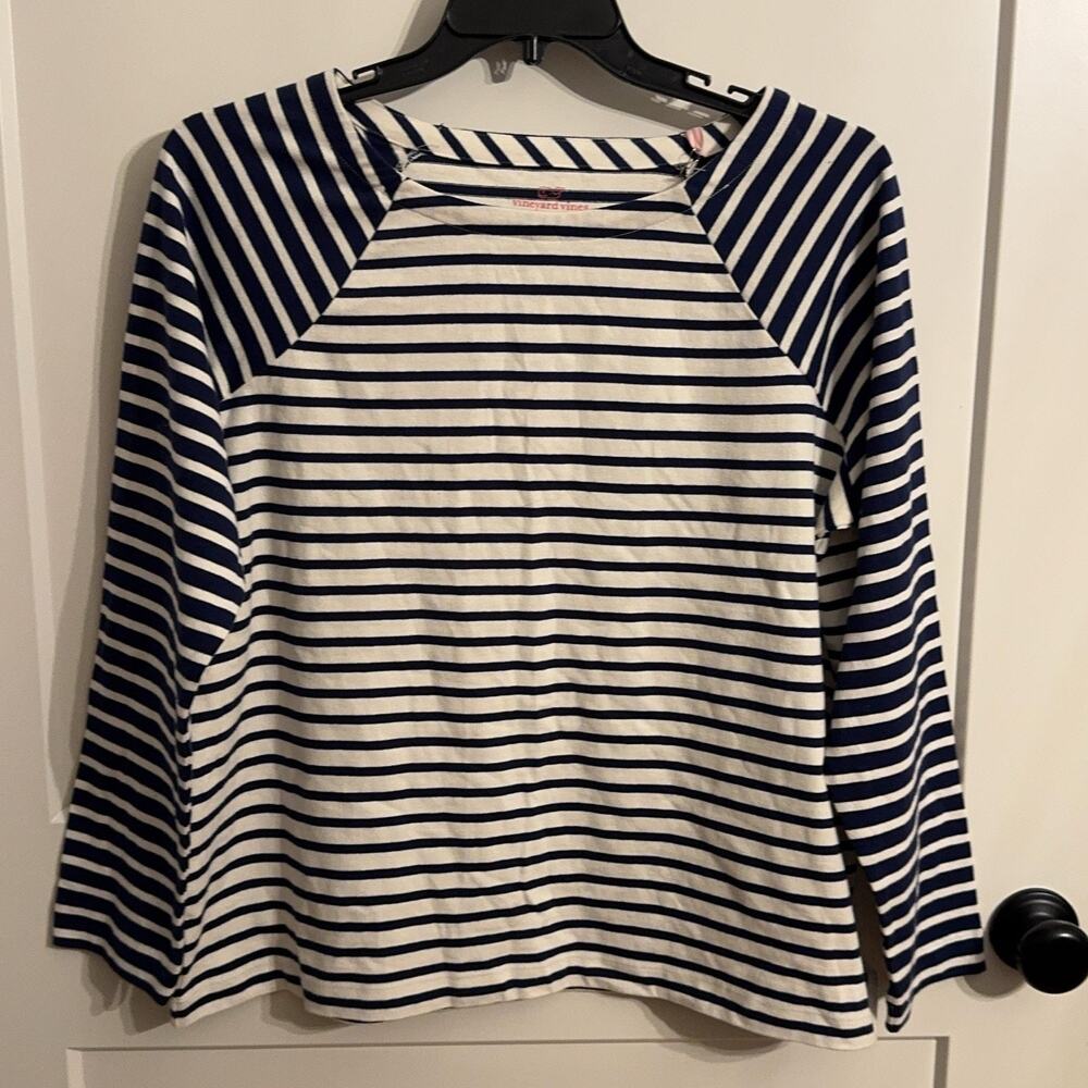 Vineyard Vines XL Blue Stripe Suede Elbow Patch Boat Neck Top Preppy Nautical